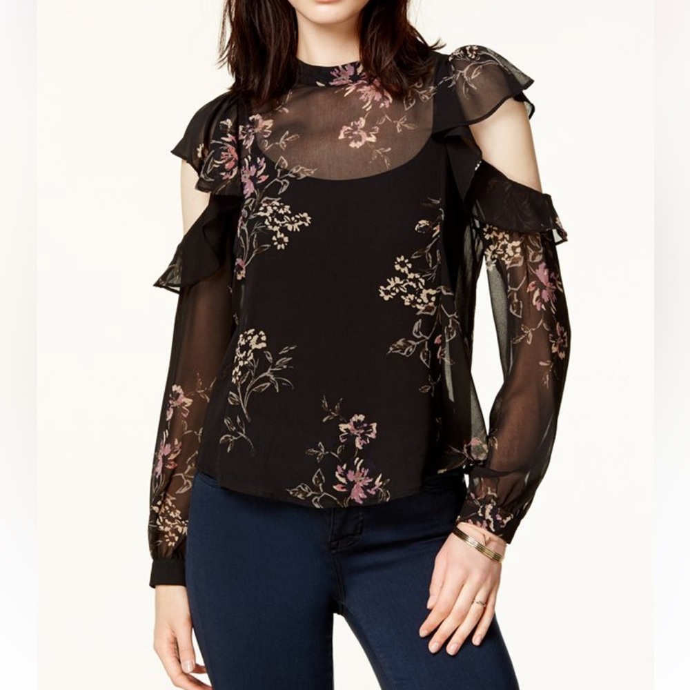 ASTR THE LABEL WOMENS BLACK CHANTELLE SHEER COLD SHOULDER TOP SIZE LARGE